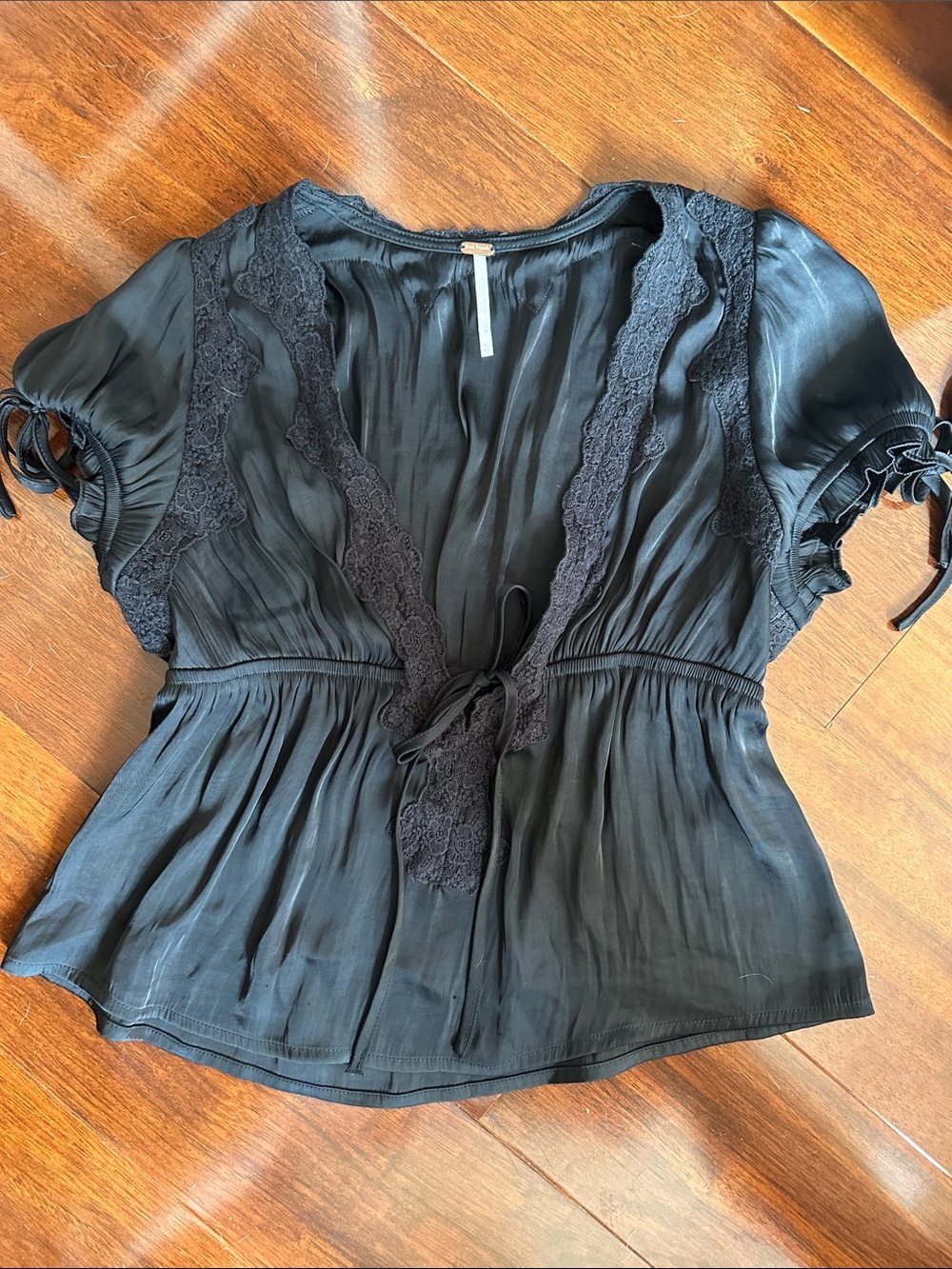 Free People Black Lace-Trim V-Neck Peasant Blouse
